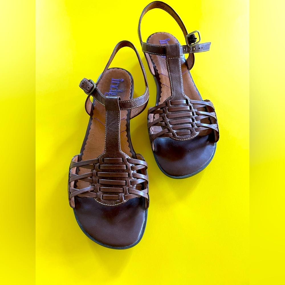 Indigo Brown Leather T-Strap Woven Sandals
